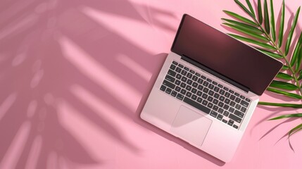 Poster - A laptop is open on a pink background with a leafy green background