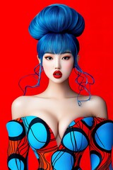 fashion portrait of an Asian woman with blue glowing lightning in her hair, she is wearing a dress made from electric wires