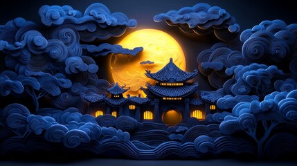 Wall Mural - A 3D Chinese paper-cut art with soft glow, representing the intricate designs in Chinese culture.