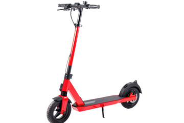 Electric scooter with black frame and red accents isolated on white background. Studio transportation photography for design and print. Exercise or sport equipment. Transportation design. AIG57.