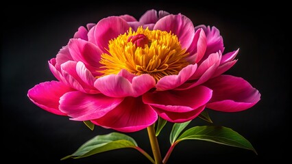 Vibrant pink peony flower with lush petals and bright yellow center blooms against a dramatic black background, showcasing its delicate beauty and intricate details.