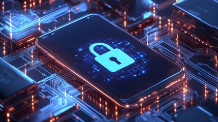 Poster - A smartphone shows an open padlock icon, surrounded by circuitry and data streams representing sophisticated mobile device security technology
