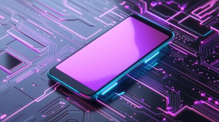 Poster - A smartphone mockup rests atop a circuit board, illuminated by vibrant neon colors, creating a modern technological atmosphere