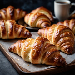 Assortment of golden-brown croissants rests on rustic tray. Warm fragrant aroma fills cozy kitchen. Inviting display suggests relaxing morning gathering, ideal breakfast brunch with family friends