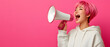 © StockLab - Young, Modern Gen z woman wearing a bright outfit and holding a megaphone for a marketing banner and special promotional announcement