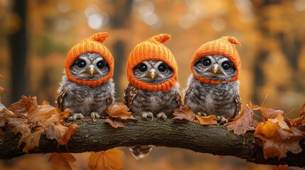 Three owls wearing orange knit hats sit on a branch surrounded by colorful autumn leaves, set against a warm, blurred background.