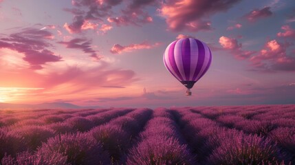 A purple and white hot air balloon is flying over a field of lavender