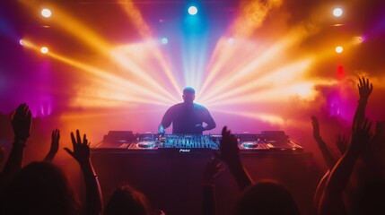 Wall Mural - A DJ energizes the crowd at a busy club, surrounded by vibrant laser lights that create an electrifying atmosphere as guests raise their hands in excitement