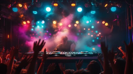 Wall Mural - A dynamic DJ booth surrounded by colorful laser lights captivates the crowd, creating an electrifying atmosphere at a bustling nightclub during a lively event