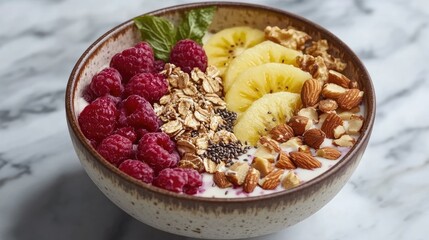 A healthy breakfast bowl topped with various edible seeds, fresh fruits, and nuts, set on a marble surface.