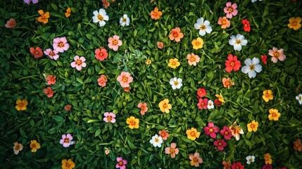 Wall Mural - A top view of green grass with bright, blooming flowers, arranged to create a vibrant, natural pattern.