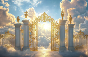 Wall Mural - Golden gates of heaven with clouds in the background, heavenly gate, heavenly door