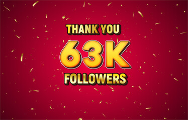 Canvas Print - Golden 63K isolated on red background with golden confetti, Thank you followers peoples, 63K online social group,64K
