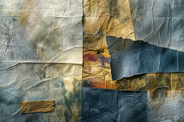 Artistic mixed-media collage incorporating textured fabrics and embossed paper elements.