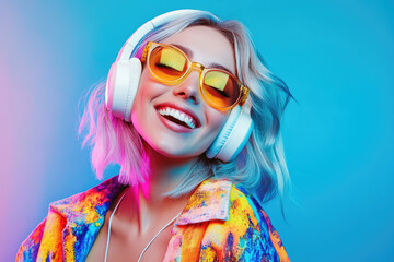 Canvas Print - a woman with a white and colorful bob hairstyle, wearing golden-framed glasses, with headphones on her head touching the earpiece