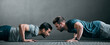 © peopleimages.com - People, team and push up in gym for fitness, strong muscle development and support together. Men, friends and confident in exercise routine at health center, personal trainer and coaching client