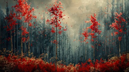 Canvas Print - Autumn Forest with Red Leaves and Mist - A Dreamy Landscape