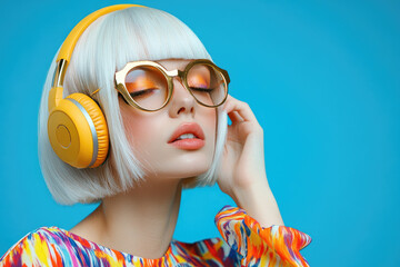 Canvas Print - a woman with a white and colorful bob hairstyle, wearing golden-framed glasses, with headphones on her head touching the earpiece