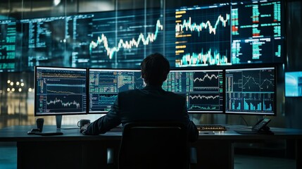 Wall Mural - A focused individual is analyzing stock market trends on multiple computer screens in a contemporary trading office, surrounded by financial data and graphs