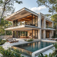 A luxurious modern villa with two stories in tropical settings, elegantly incorporating historical Maya cultural elements, such as stone carvings and ancient motifs