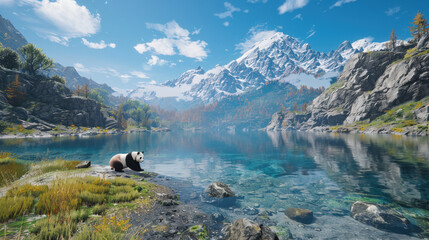 Wall Mural - A panda sitting on the edge of a crystal-clear mountain lake, gazing at its reflection in the water