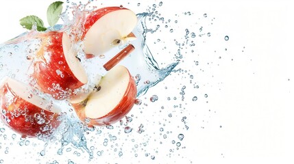 Slices of apple and cinnamon sticks submerged in clean water, crisp and aromatic