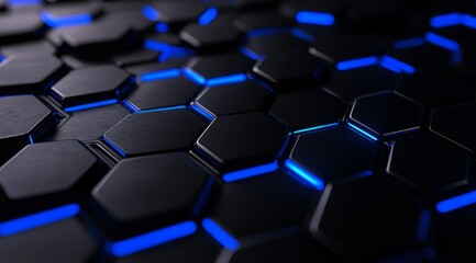 Poster - Abstract Black Hexagon Pattern with Blue Neon Lights