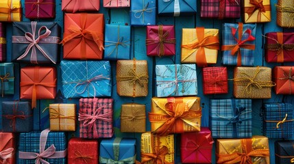 Digital design of holiday gifts arranged in a creative pattern. 