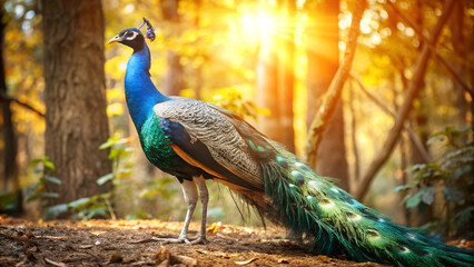 Beautiful blue and green wild peacock or peafowl animal portrait photography in forest woods nature outdoors, majestic exotic bird pride, feather tail