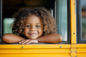 Cute African-American little girl looking out of school bus window, back to school concept, copy space