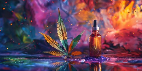 Cannabis leaf, oil, purple sparkle, blurred background.