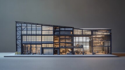 A meticulously crafted model highlights an industrial warehouse featuring expansive open areas and modern design elements, reflecting advanced construction techniques