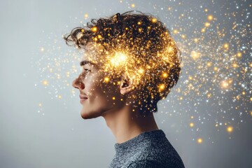 Poster - Side profile of a man with brain like neural patterns highlighting creativity intelligence and the connection between thought and neural activity in a bright and conceptual digital portrait