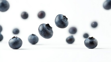 Blueberries falling on a white background.