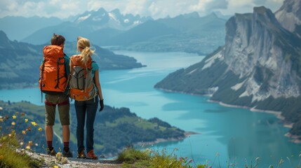 Travelers couple look at the mountain lake. Travel and active life concept with team. Adventure and travel in the mountains region in the Austria. Travel - image