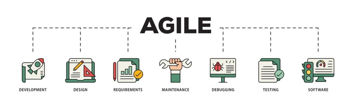 Agile icon infographic illustration concept with icon of development, design, requirements, maintenance, debugging, testing and software icon png and easy to edit 