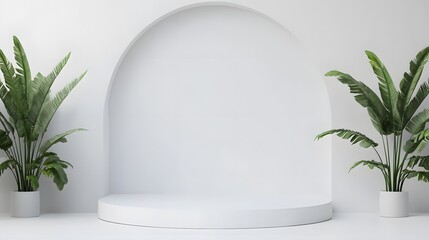 A white pedestal with a plant in a white pot sits in front of a wall with black stripes