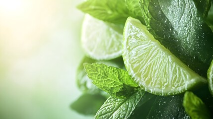 Close up photograph showcasing a refreshing mojito cocktail with fresh lime wedges and mint leaves  The drink is served in a glass with ice creating a tempting and inviting summer inspired scene