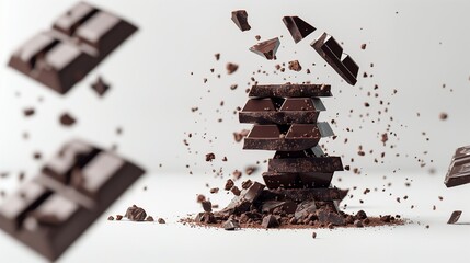 Shattering chocolate bars with flying fragments, capturing a powerful and energetic moment