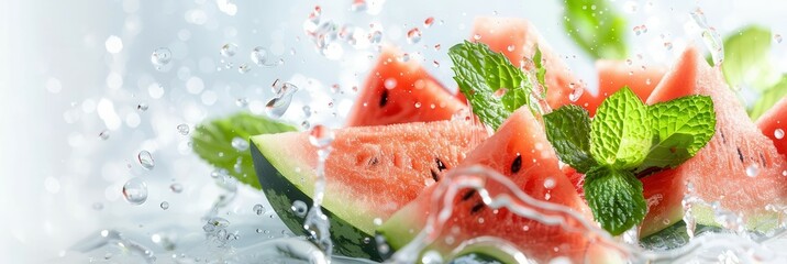 Watermelon slices with mint leaves in water splash