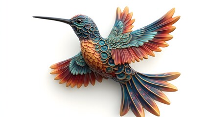 Wall Mural - 145. **A realistic 3D render of a ceramic tile art featuring a vibrant hummingbird with ornate patterns, isolated on a white background