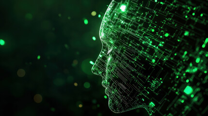 Poster - A captivating digital representation of an artificial intelligence figure, showcasing a network of circuitry in vibrant green tones, symbolizing the fusion of technology and human-like intellect.