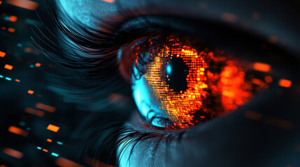 Poster - A captivating close-up of a futuristic eye, blending digital patterns and vibrant colors, showcasing the intersection of technology and humanity with striking visual depth.