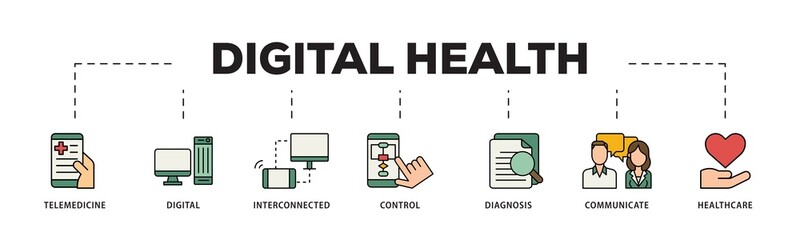 Poster - Digital health icon infographic illustration concept with icon of e health, telemedicine, interconnected, smartwatch, diagnosis, email, and medical app icon png and easy to edit 
