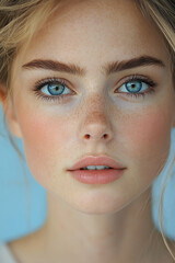 Closeup of a young woman with light makeup, natural lighting, clear blue eyes, soft expression, pale blue background