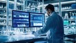 © MP_Artworks - In a high-tech lab, a researcher analyzes complex pharmaceutical data on a digital screen, showing molecular models and efficacy charts.