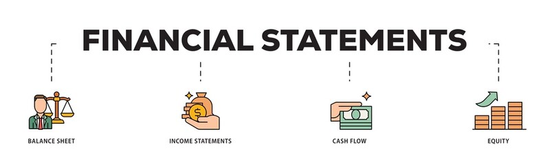 Poster - Financial statements icon infographic illustration concept with icon of graph, balance sheet, pie chart, income statements, money, calculator, income, earningicon png and easy to edit 