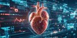 © kwanchaift - Detailed 3D model of a human heart with digital health metrics and diagnosis infographics surrounding it, virtual cardiology interface, high-tech medical design