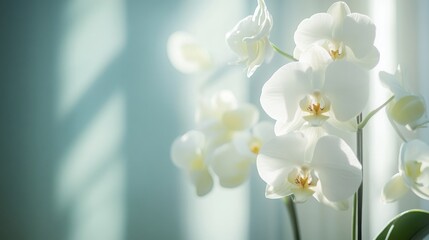 Aufkleber - Close-up of a white orchid with soft focus, elegant floral background with delicate petals, space for text