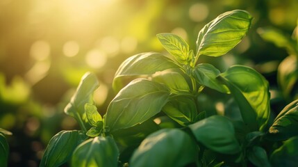 Close-up of fresh basil leaves in a garden, aromatic herbs for cooking and organic food concept, nature background